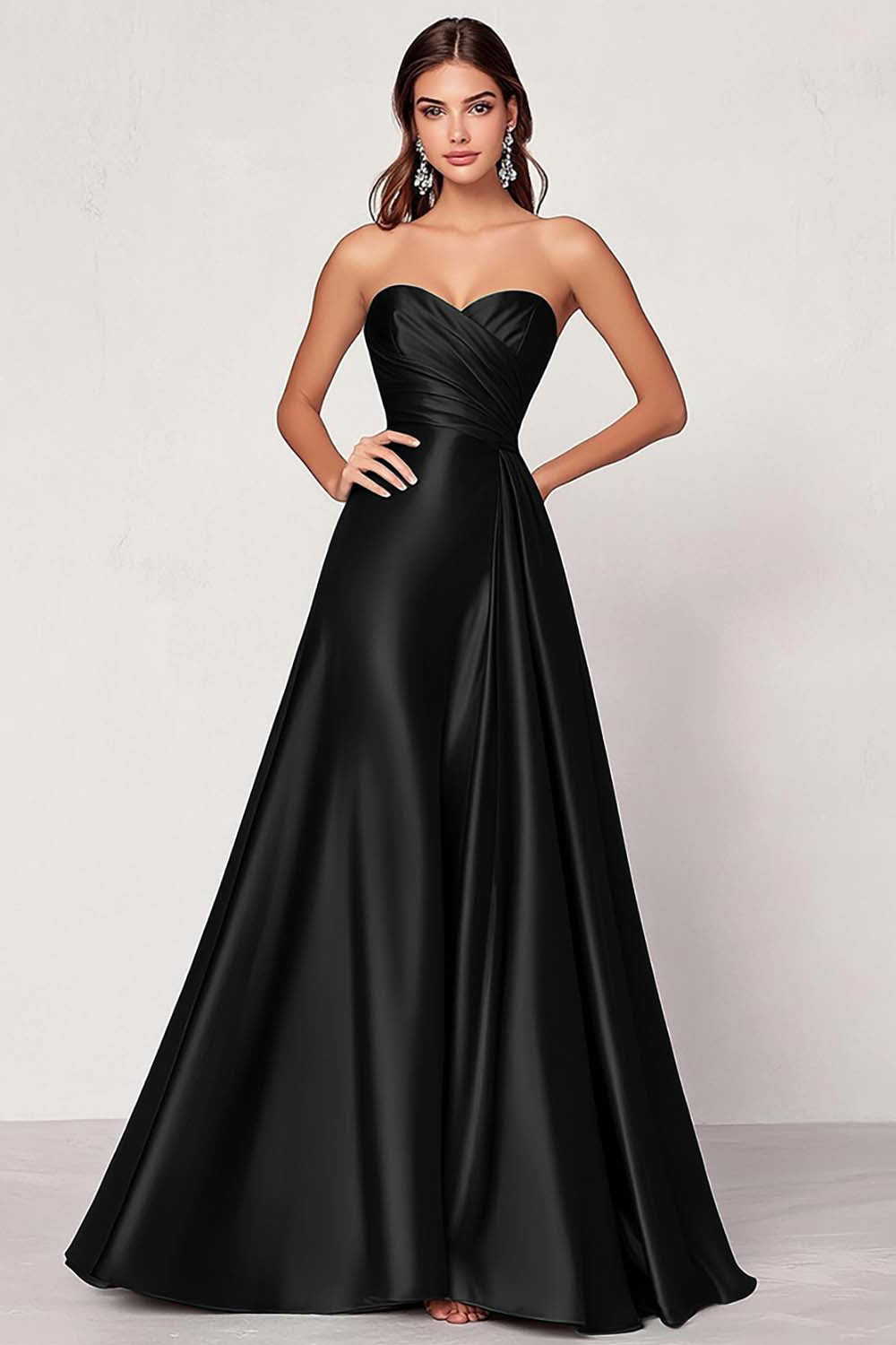 Black Strapless Satin Ruched A Line Long Formal Dress