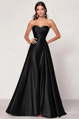 Black Strapless Satin Ruched A Line Long Formal Dress