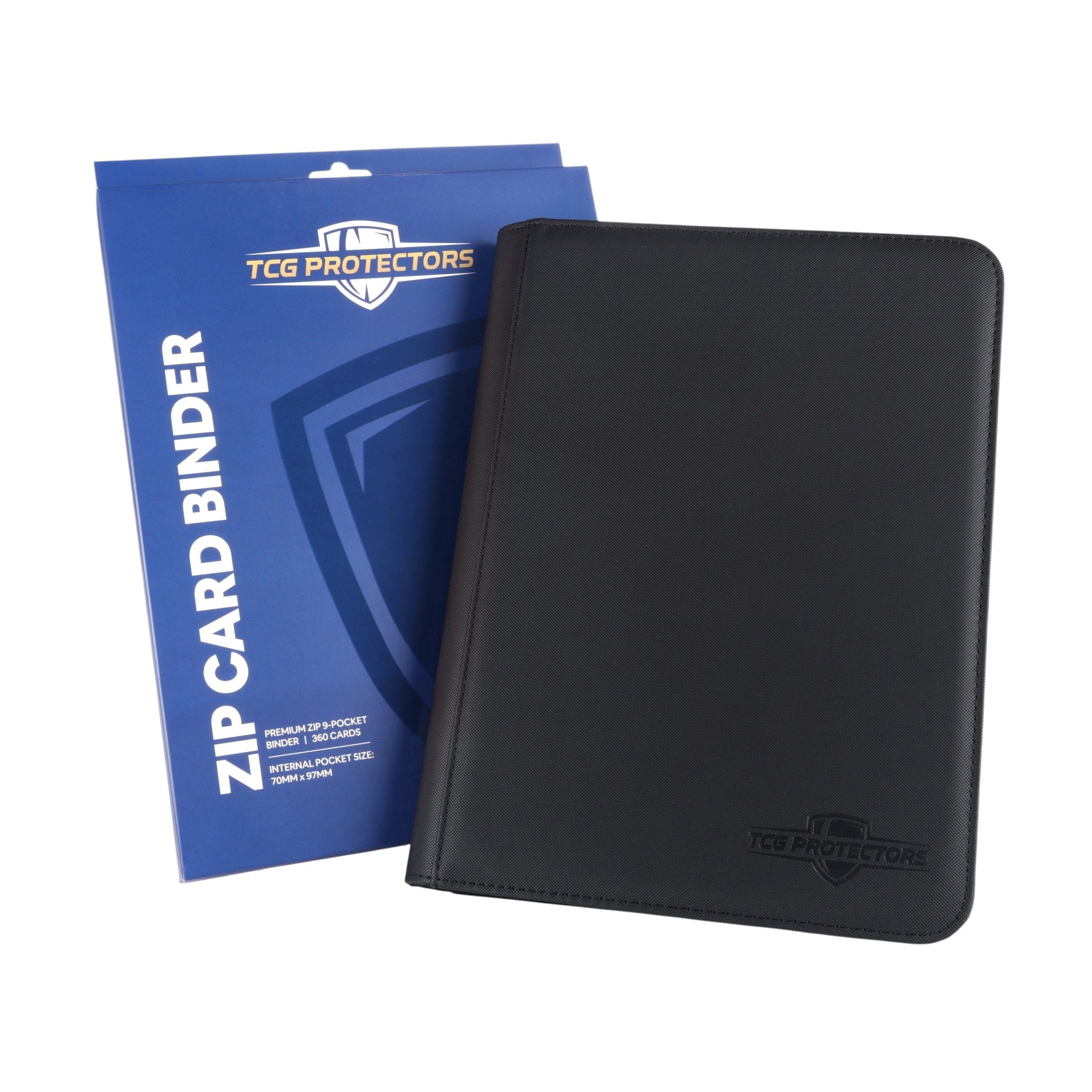 Classic Black Premium 9-Pocket Zipper Binder next to blue TCG Protectors packaging box