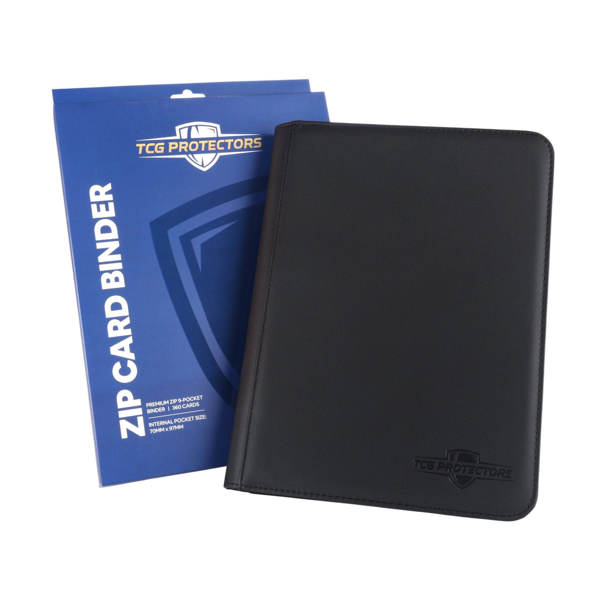 Classic Black Premium 9-Pocket Zipper Binder next to blue TCG Protectors packaging box
