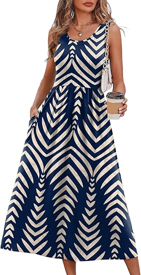 Summer Dresses for Women Flowy Casual Midi Dress Beach Vacation Sundresses with Pockets