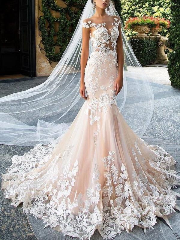 Gorgeous Light Pink Floral Lace Illusion Bateau Mermaid Wedding Dress, AB1501