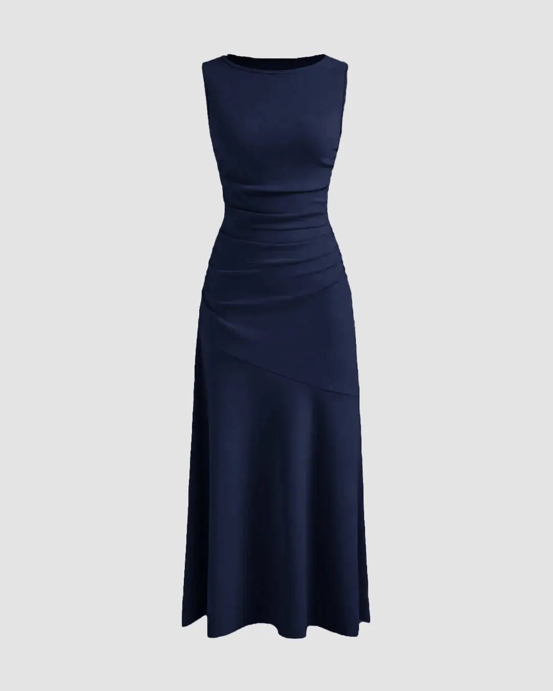 Front view of Dark navy sleeveless maxi dress with fitted bodice and flared hem, shown front and back on background.