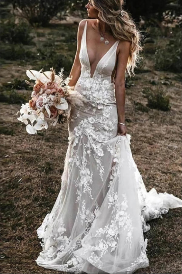 Boho Mermaid Wedding Dress Flower Appliques Bridal Gown WD637-Pgmdress