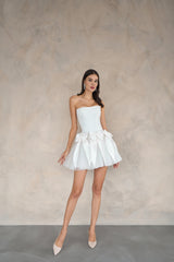Elegant bridal party mini dress featuring a straight neckline and flared satin skirt
