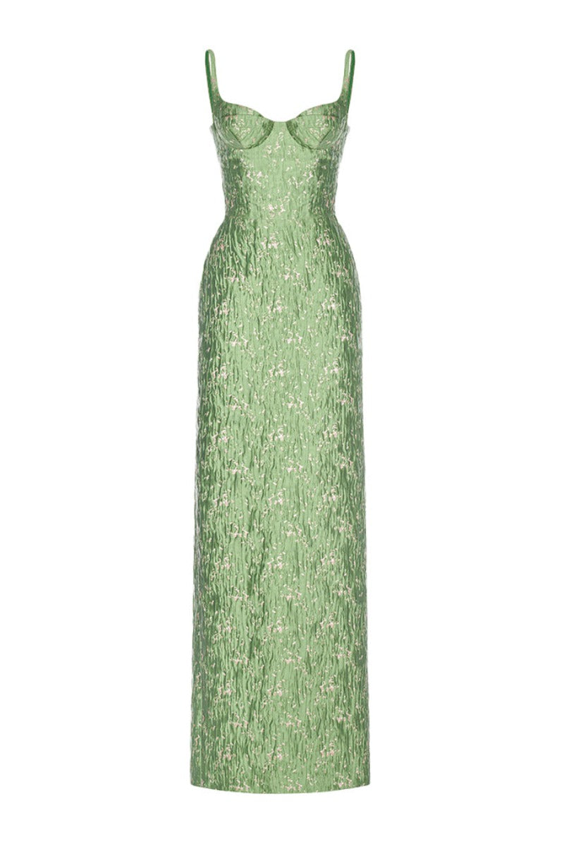 Montsand brocade bamboo maxi dress featuring intricate pattern and flowing silhouette, perfect for elegant summer occasions.