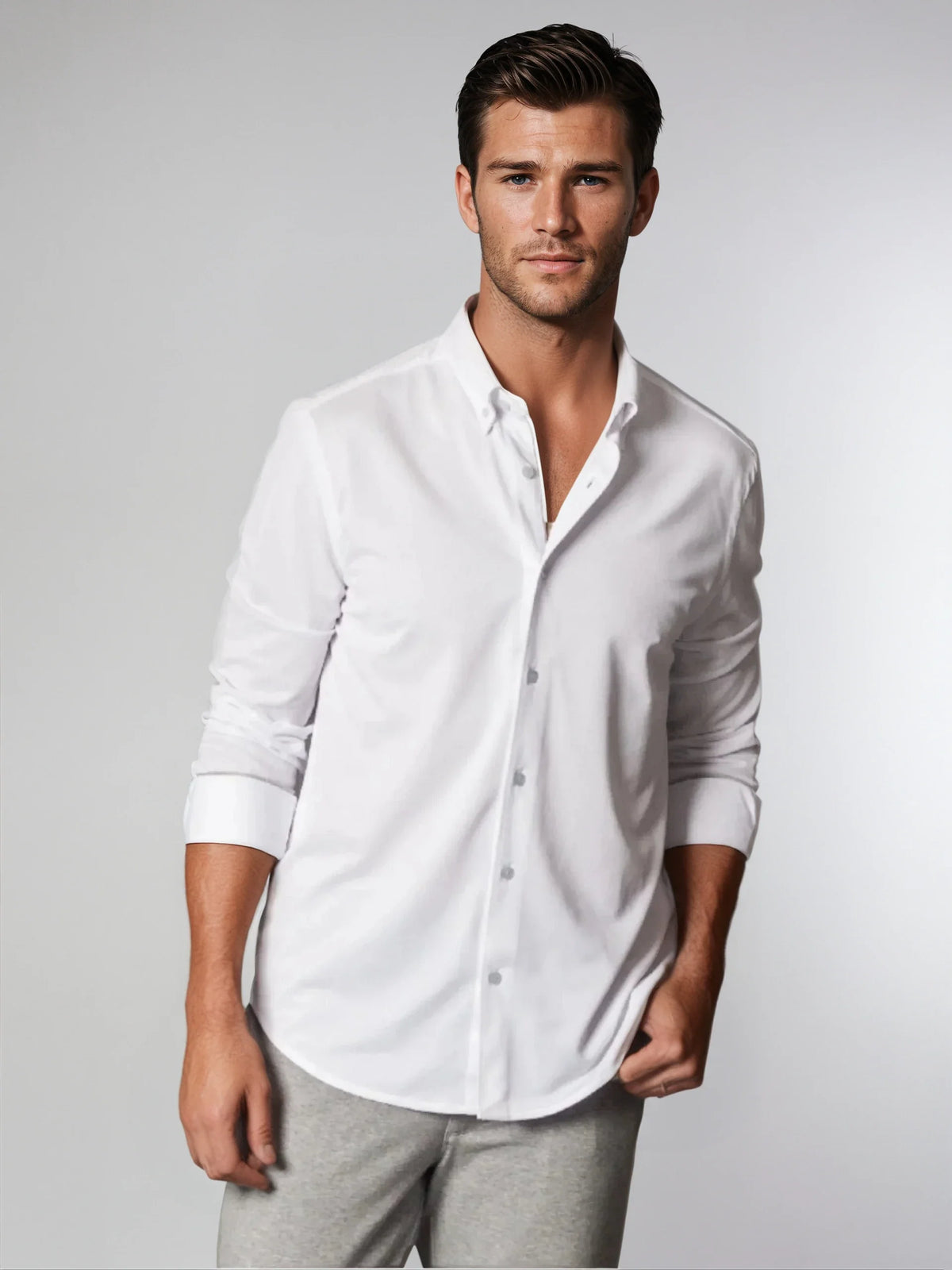 Classic White Long Sleeve Button Down Tech Shirt-LONG SLEEVE SHIRTS-BUKI-M-White-Buki