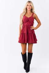 Burgundy Pleated Bust Tiered Cotton Mini Dress