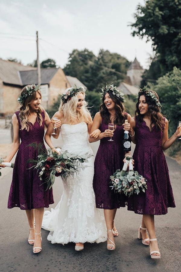Burgundy Lace A-line V-neckline Tea Length Short Bridesmaid Dresses, MBD201 | cheap bridesmaid dresses | purple bridesmaid dress | lace bridesmaid dresses | musebridals.com