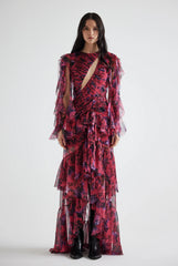 Bust Detailed Draped Ruffled Floral Patterned Midi Dress