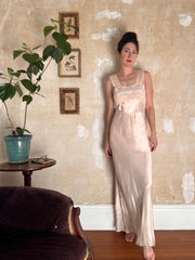 1930s Opalescent Bias Cut Silk and Lace Slip Dress S/M