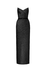 Black Metallic-Lacquer Jacquard Bustier Midi Column Dress with Lotus-Petal Shaped Detailing