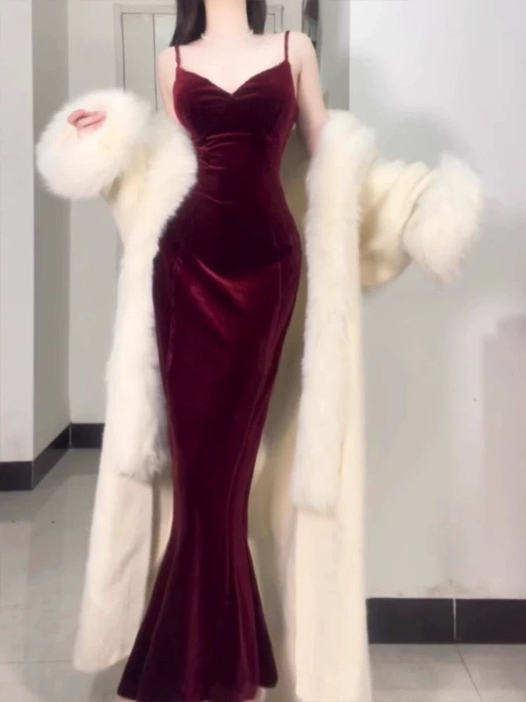 Niulatu Mermaid Straps Burgundy Long Evening Dress Prom Dresses Birthday Outfits HZ1110