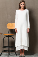 White Linen Maxi Dress - Two-Layered Oversized Soft Fit C554