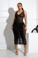 Angela Mesh Corset Lace Up Midi Dress