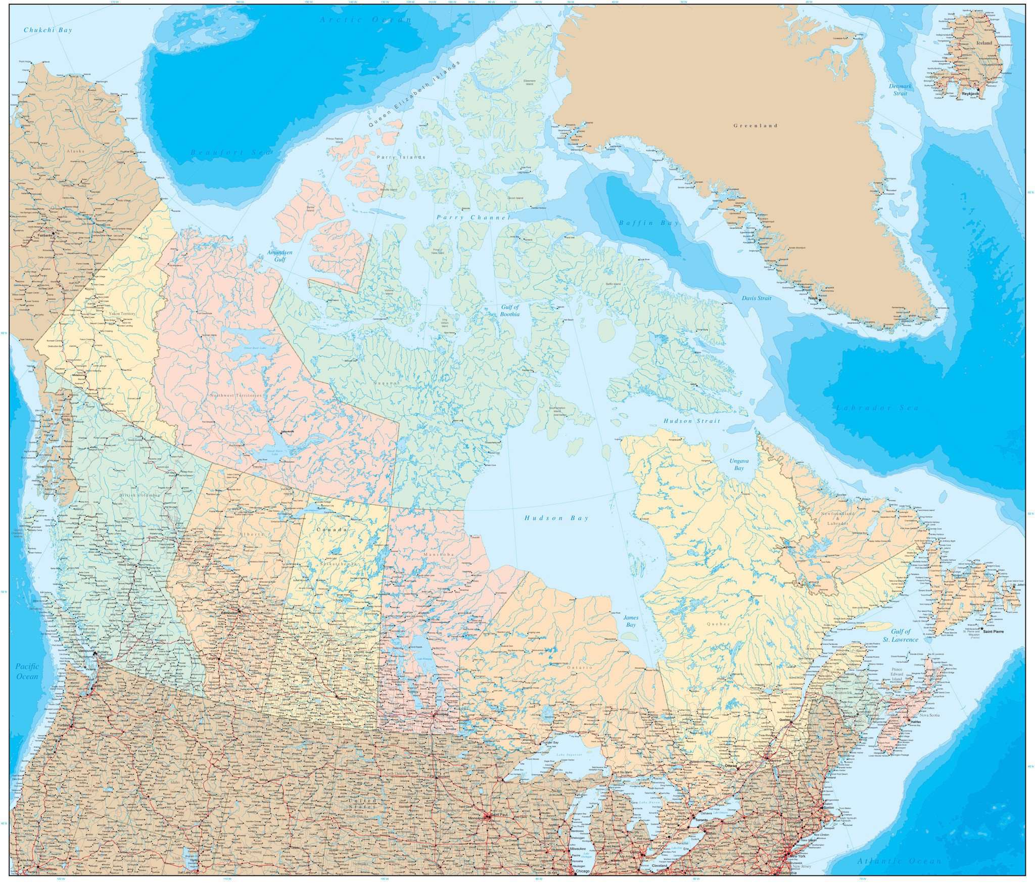 Poster Size Canada Map with Provinces & Ocean Floor Contours