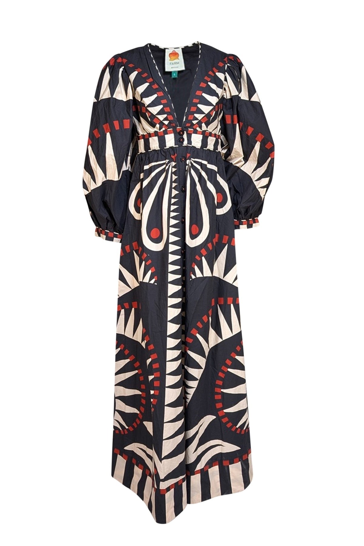 Farm Rio - Black, Cream, & Burnt Orange Print Cotton Maxi Dress Sz S - Current Boutique