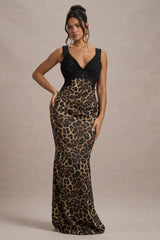 Sahara | Leopard Print Satin V-Neck Maxi Dress With Black Lace Trim - Club L London - USA