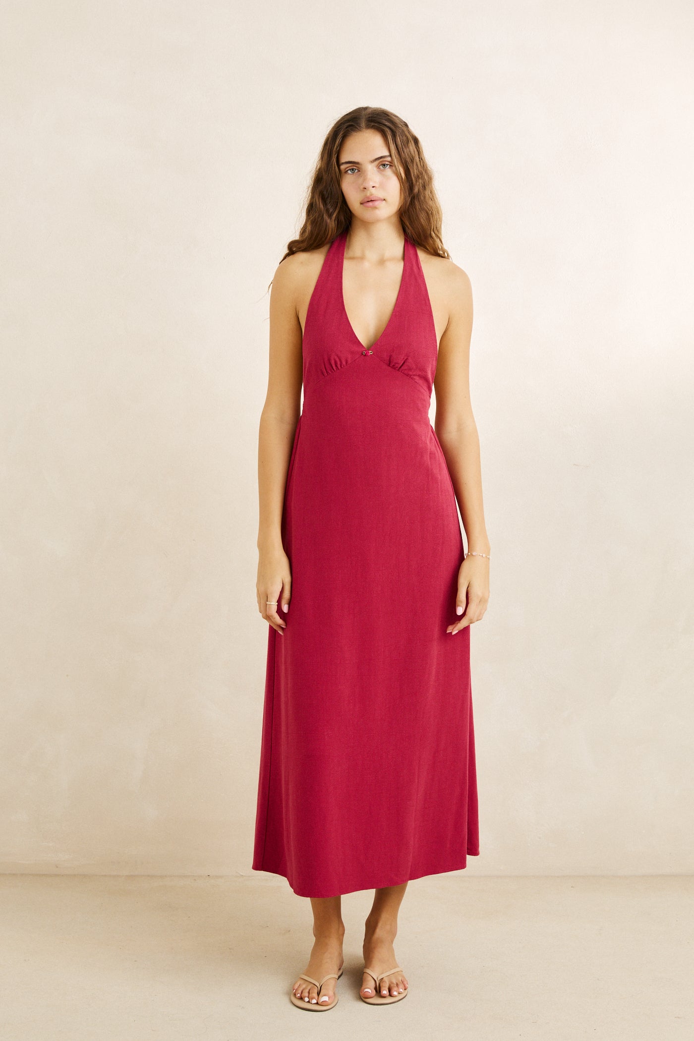Sunny Days Linen Halter Neck Maxi Dress Wine