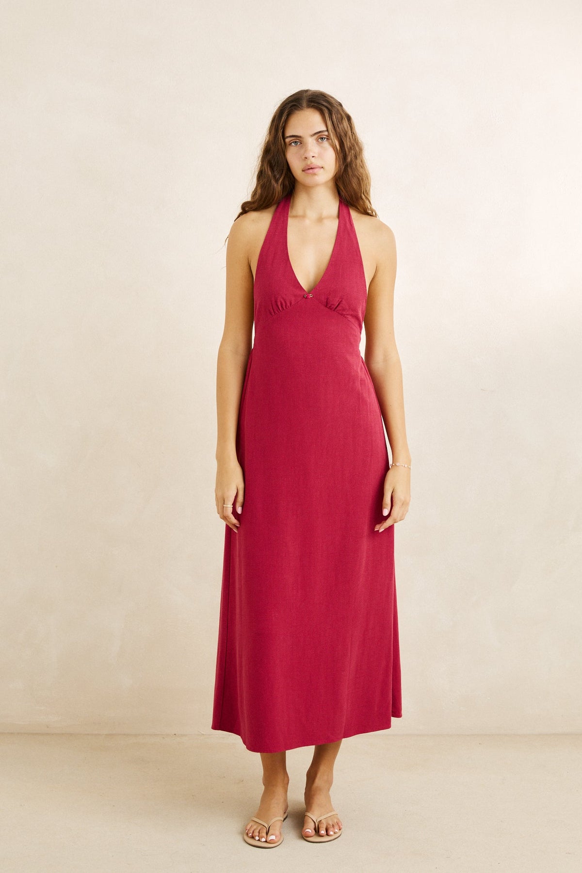 Sunny Days Linen Halter Neck Maxi Dress Wine