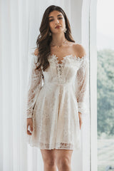 Elegant Off the Shoulder Lace White Mini Dress with Long Sleeves