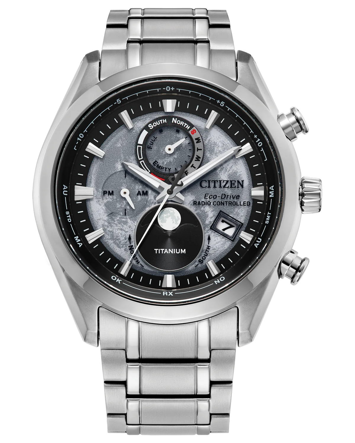 Citizen Tsuki-yomi A-T BY1010-57H Eco-Drive atomic watch with gray moon-inspired dial, moonphase display, silver-tone Super Titanium case and bracelet, sapphire crystal, and world time functionality.