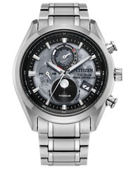 Citizen Tsuki-yomi A-T BY1010-57H Eco-Drive atomic watch with gray moon-inspired dial, moonphase display, silver-tone Super Titanium case and bracelet, sapphire crystal, and world time functionality.