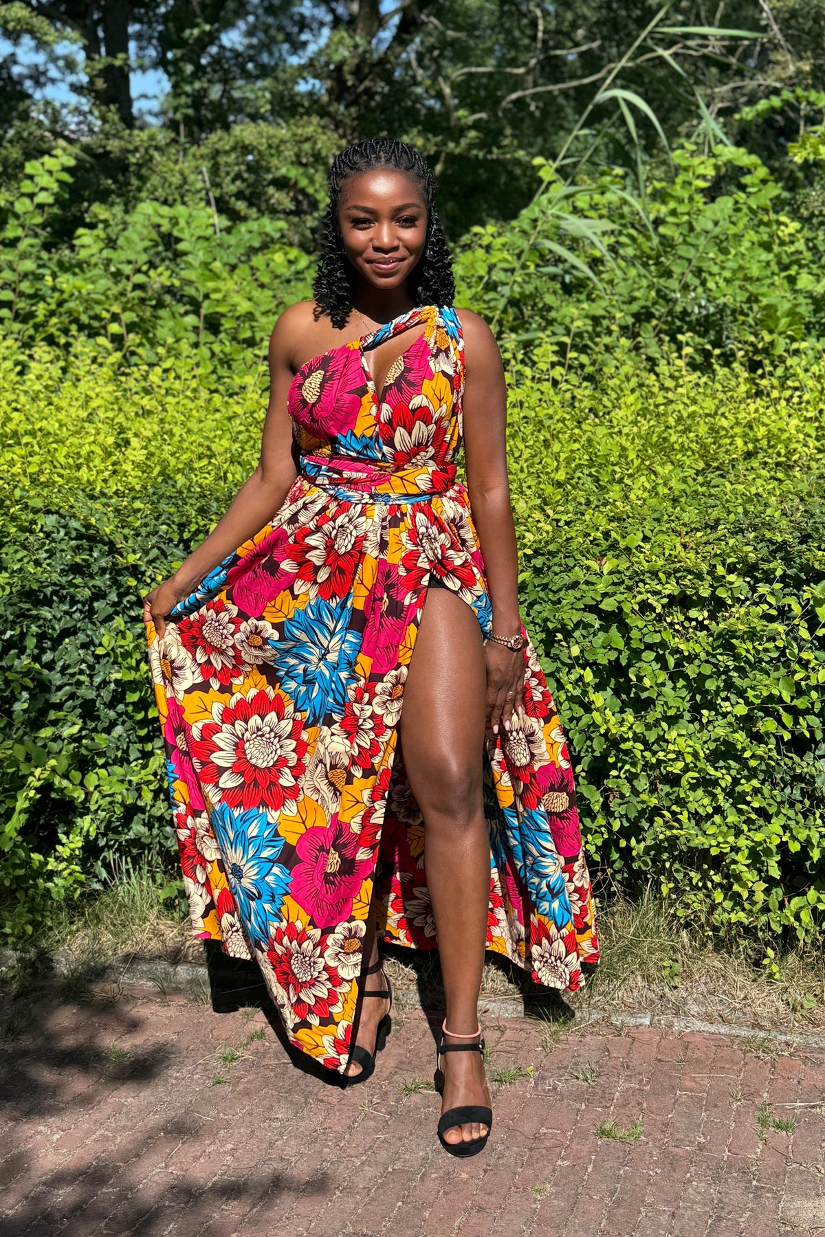 African Print Infinity Multiway Maxi Dress - Red & Blue Flowers