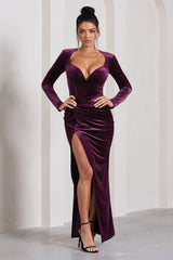 Vin Chaud | Dark Purple Velvet Long-Sleeved Split Maxi Dress - Club L