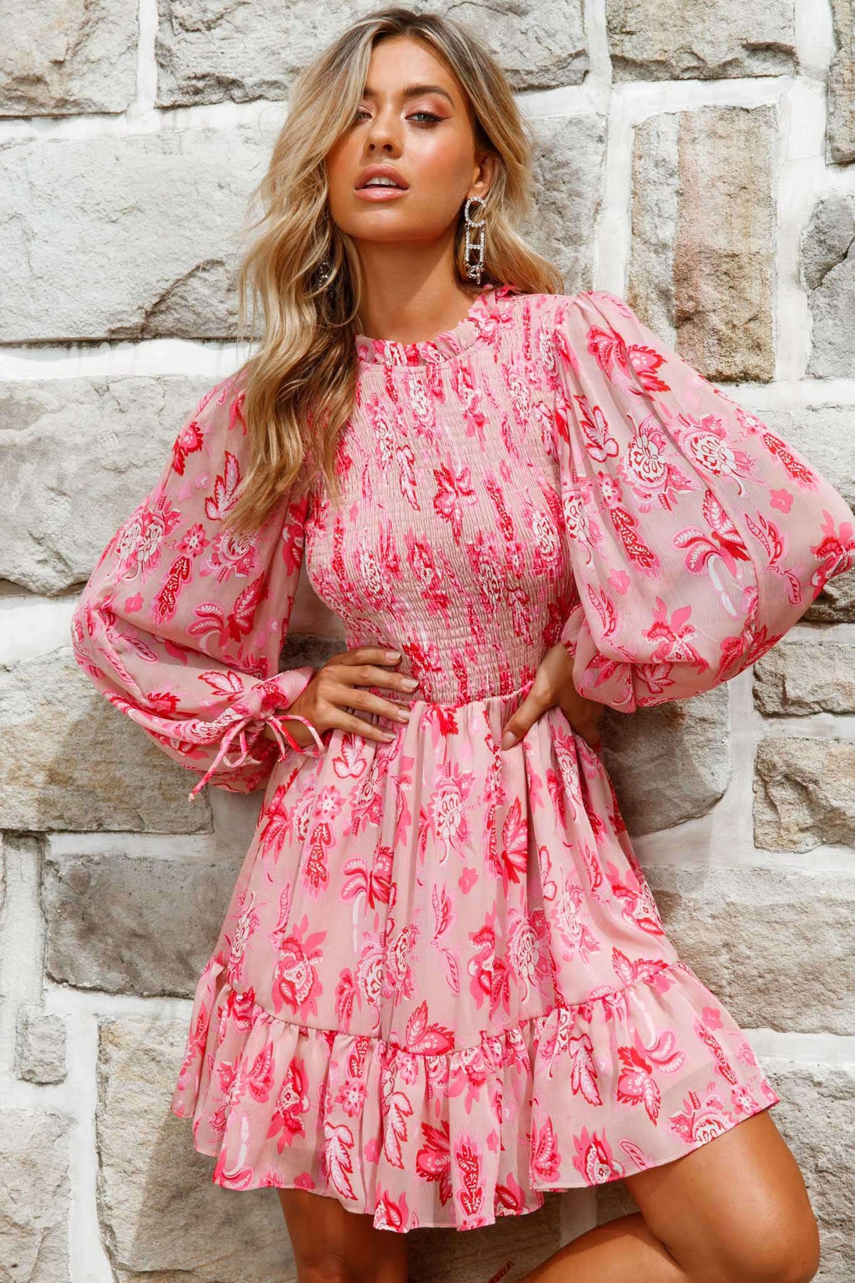 Marja Long Balloon Sleeve Shirred Dress Floral Print Pink by Selfie Leslie