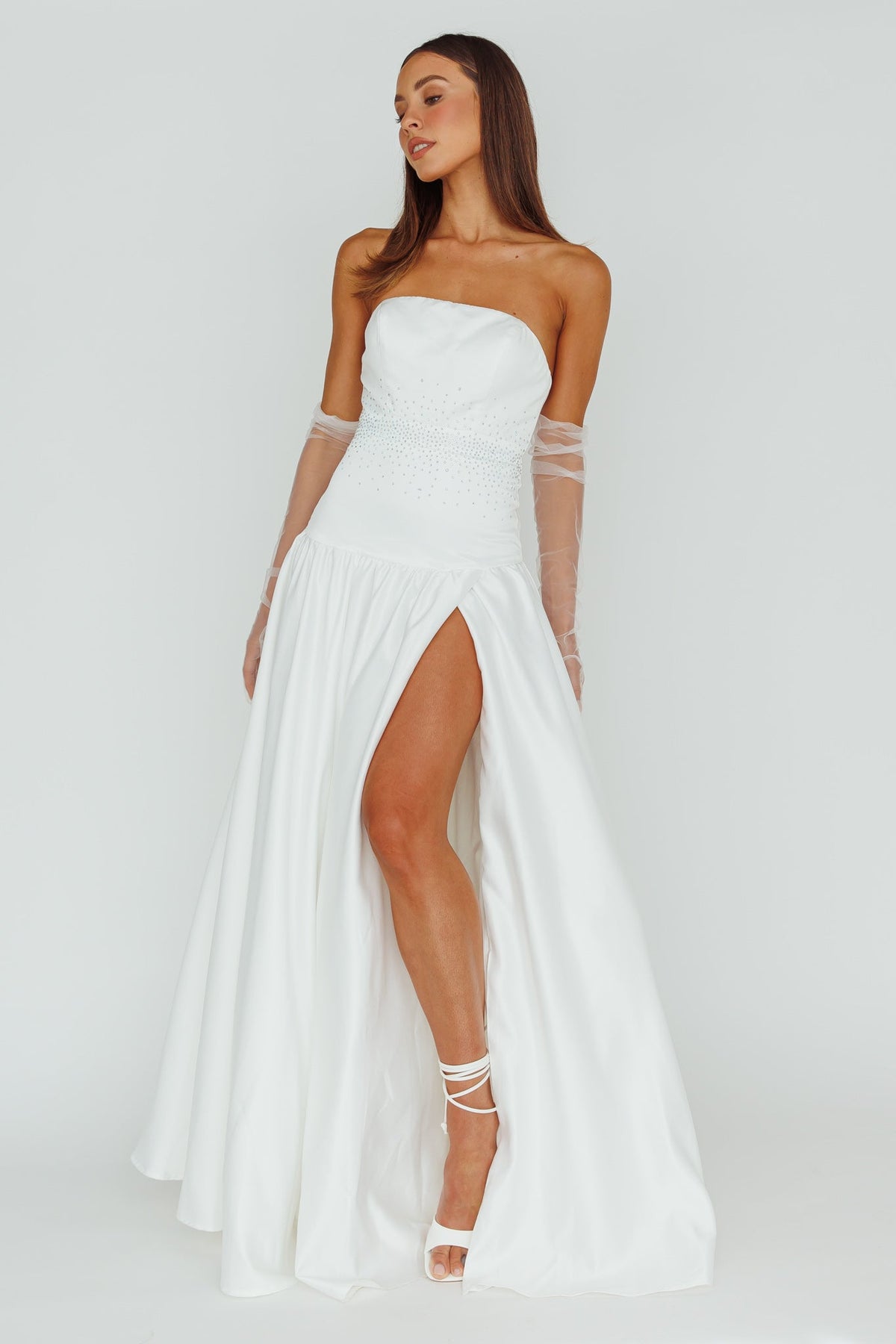 Verily Diamante Drop Waist Maxi Dress White by Selfie Leslie