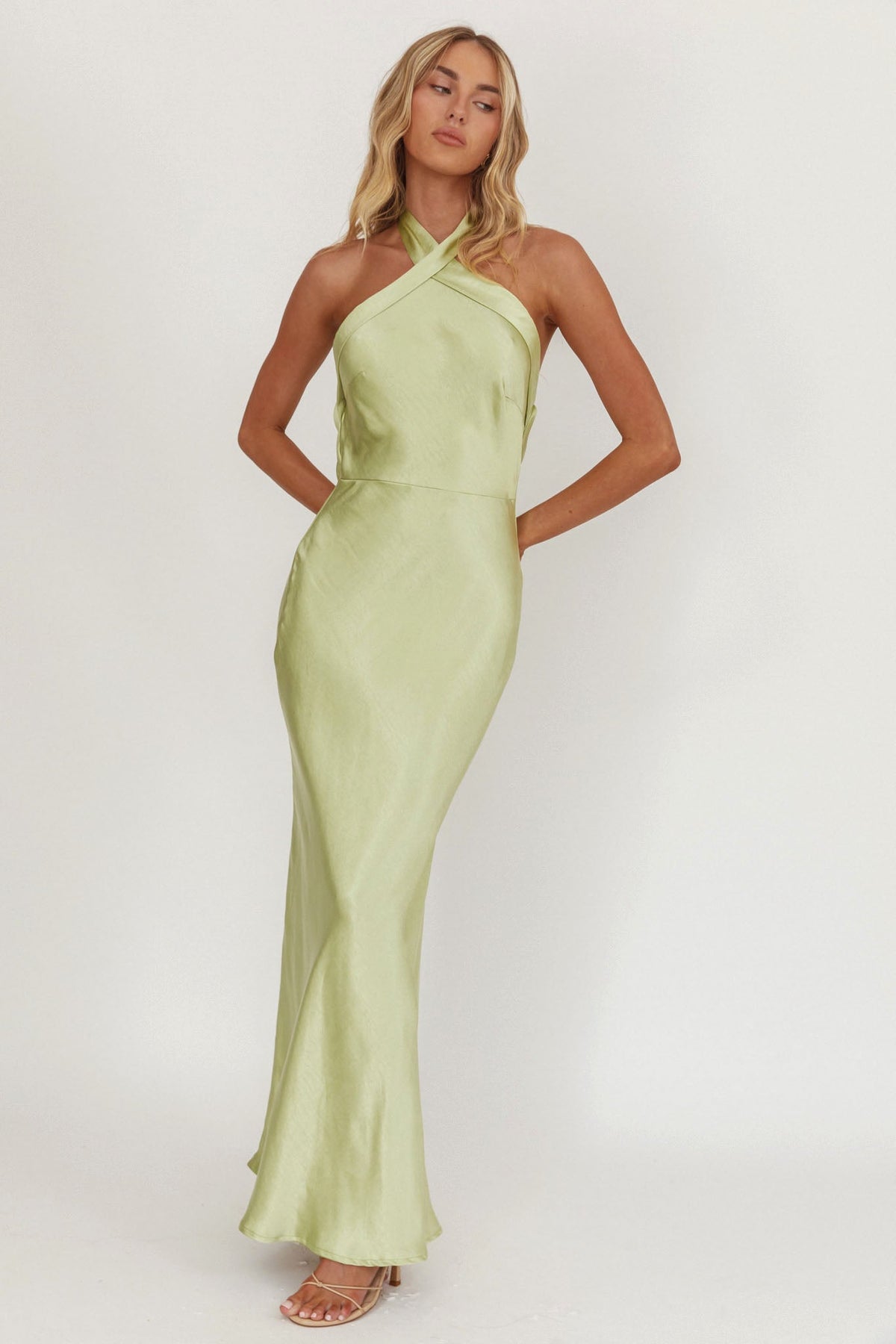Italia Azure Crossover Halterneck Maxi Dress Pistachio by Selfie Leslie