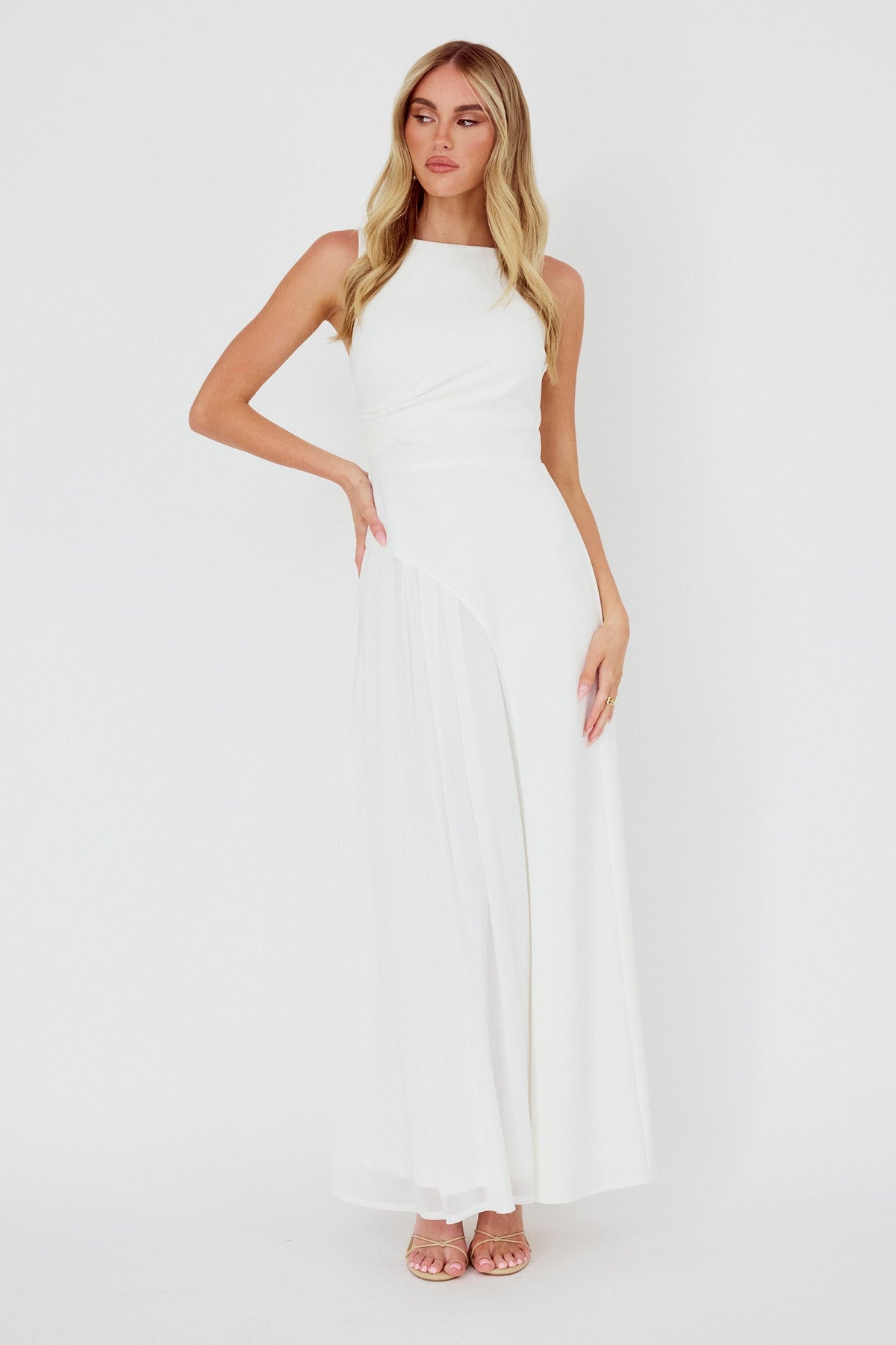 Ibis Pleat Detail Maxi Dress Off White by Selfie Leslie