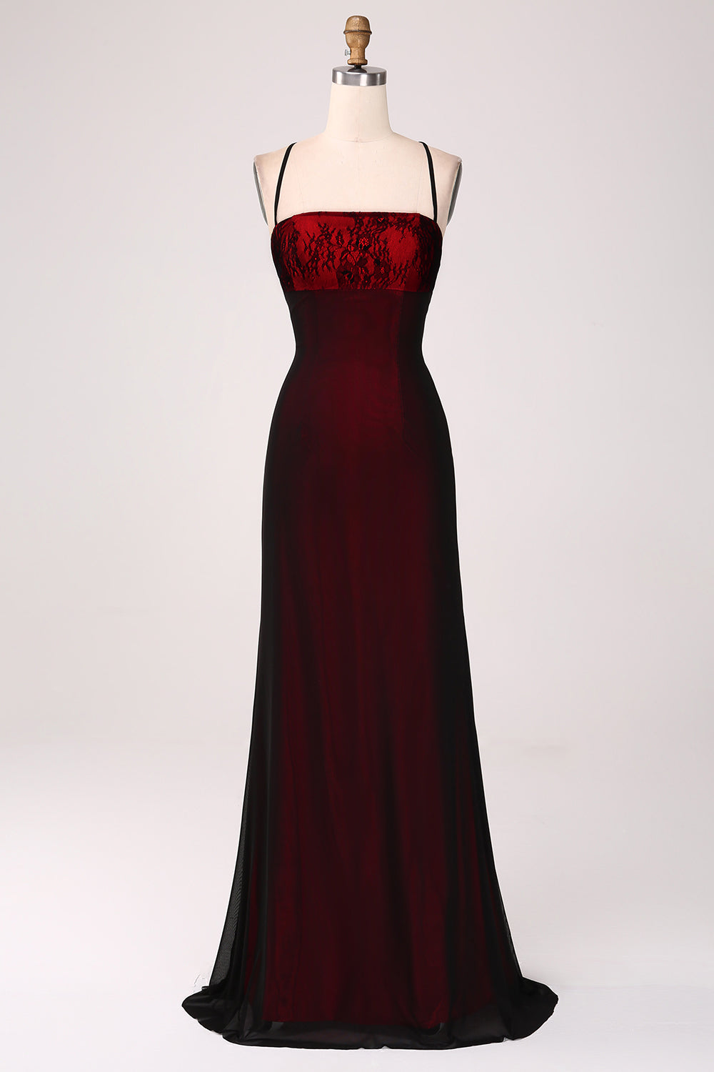 Zwart Rood Schede Bruidsmeisje Jurk met Lace-up Terug