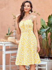 Color=Yellow | Floral A-Line Spaghetti Straps Smocking Knee-Length Summer Dress-Yellow 1