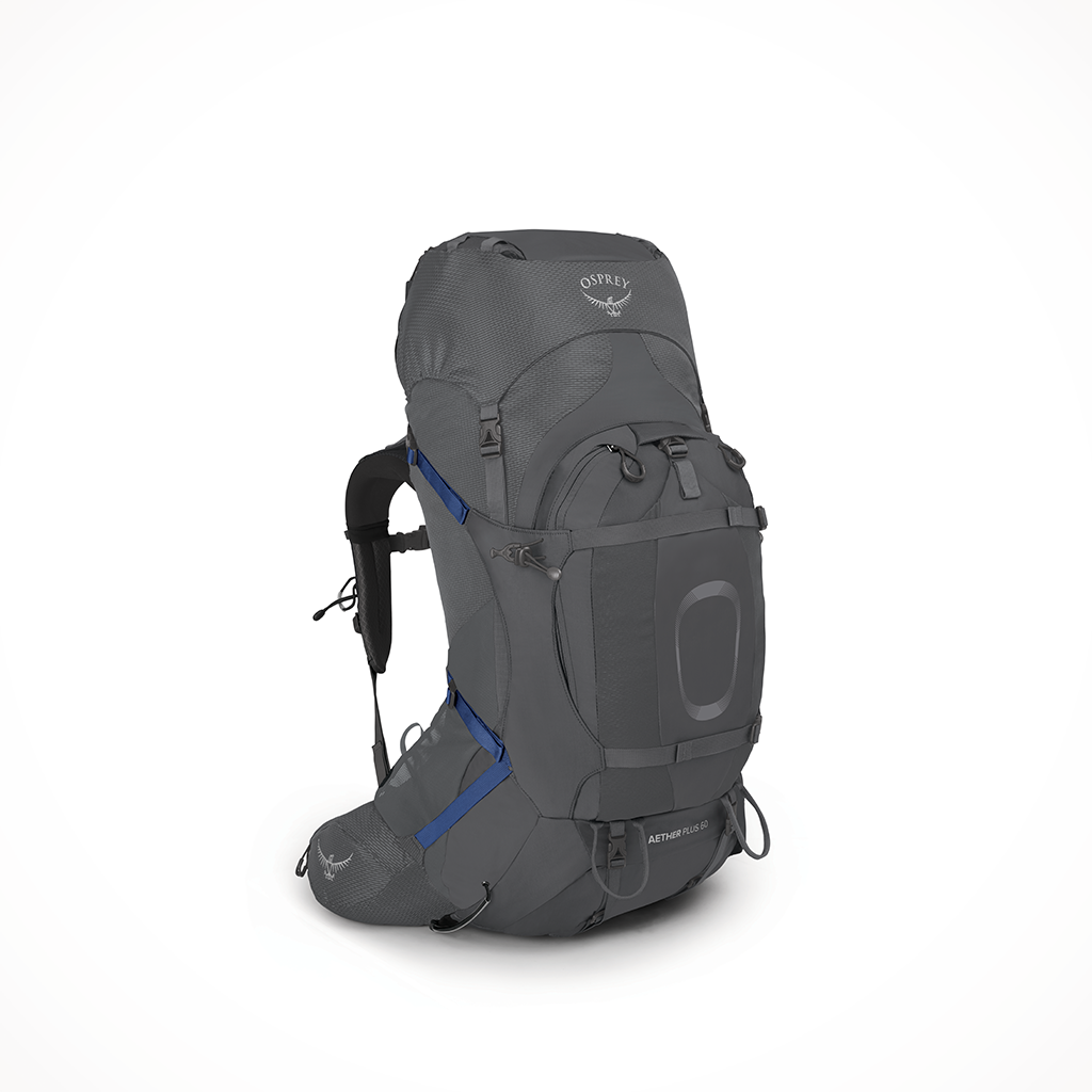 Product image: Camping Backpacks Mens Osprey Aether Plus 60 Eclipse Grey, shown from a three-quarter angled view.