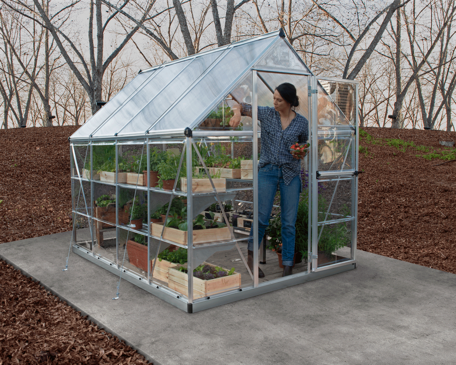 Canopia Anchor Kit for Most Canopia Greenhouses and Skylight/Rubicon Sheds with person inside