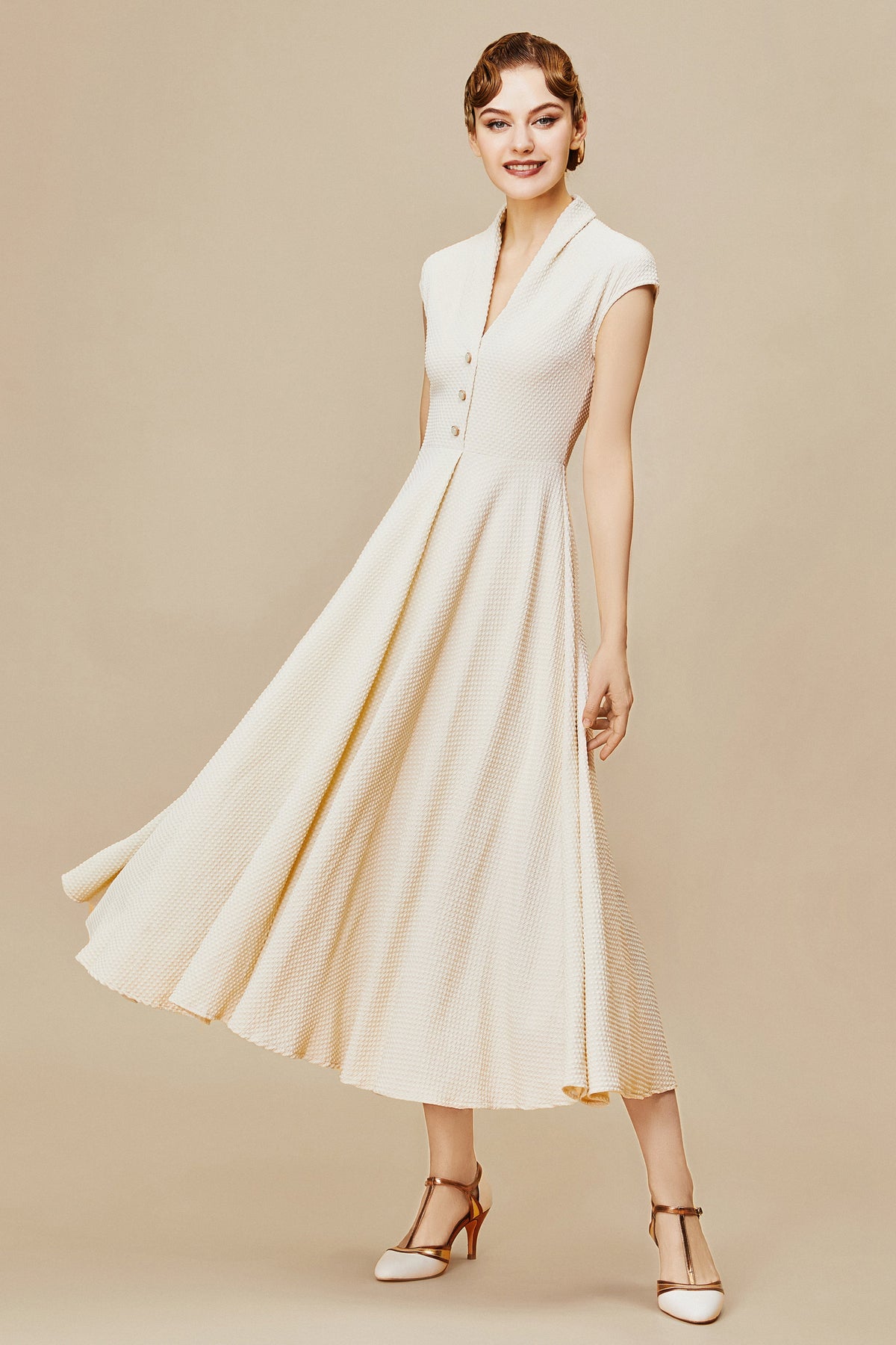 Cap Sleeve Shirtwaist V Neck Dress