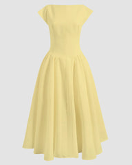 Front view of Pastel yellow sleeveless midi flare dress with a fitted bodice and flowy skirt, creating a soft, elegant feminine silhouette