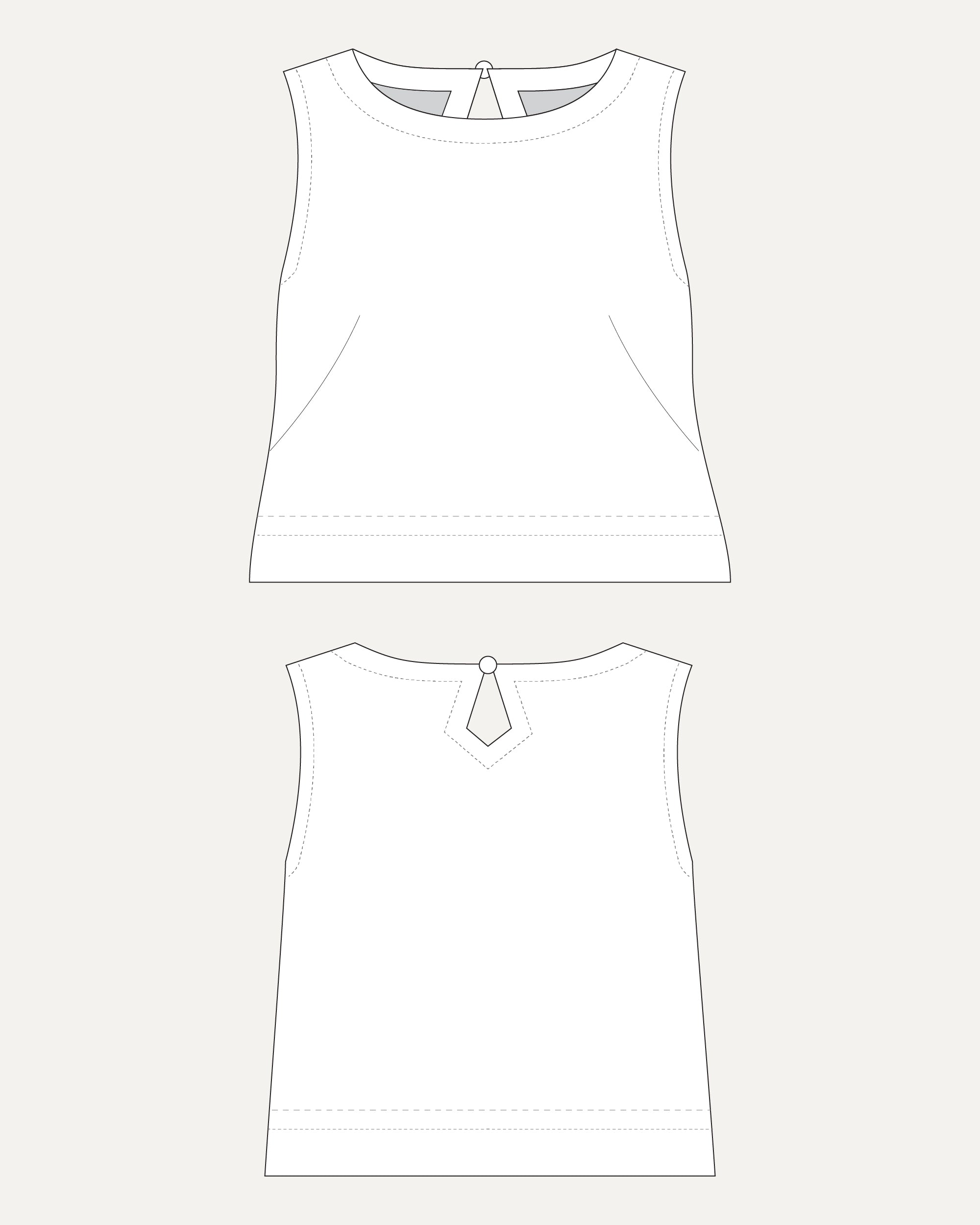 Line drawing of a sleeveless top from front and back views on a white background. This top is the Thorndike Tank sewing pattern from Cashmerette.