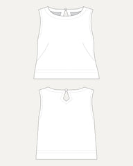 Line drawing of a sleeveless top from front and back views on a white background. This top is the Thorndike Tank sewing pattern from Cashmerette.