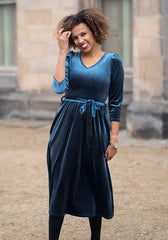 Front view of Celaena Steel Blue Velvet Midi Dress