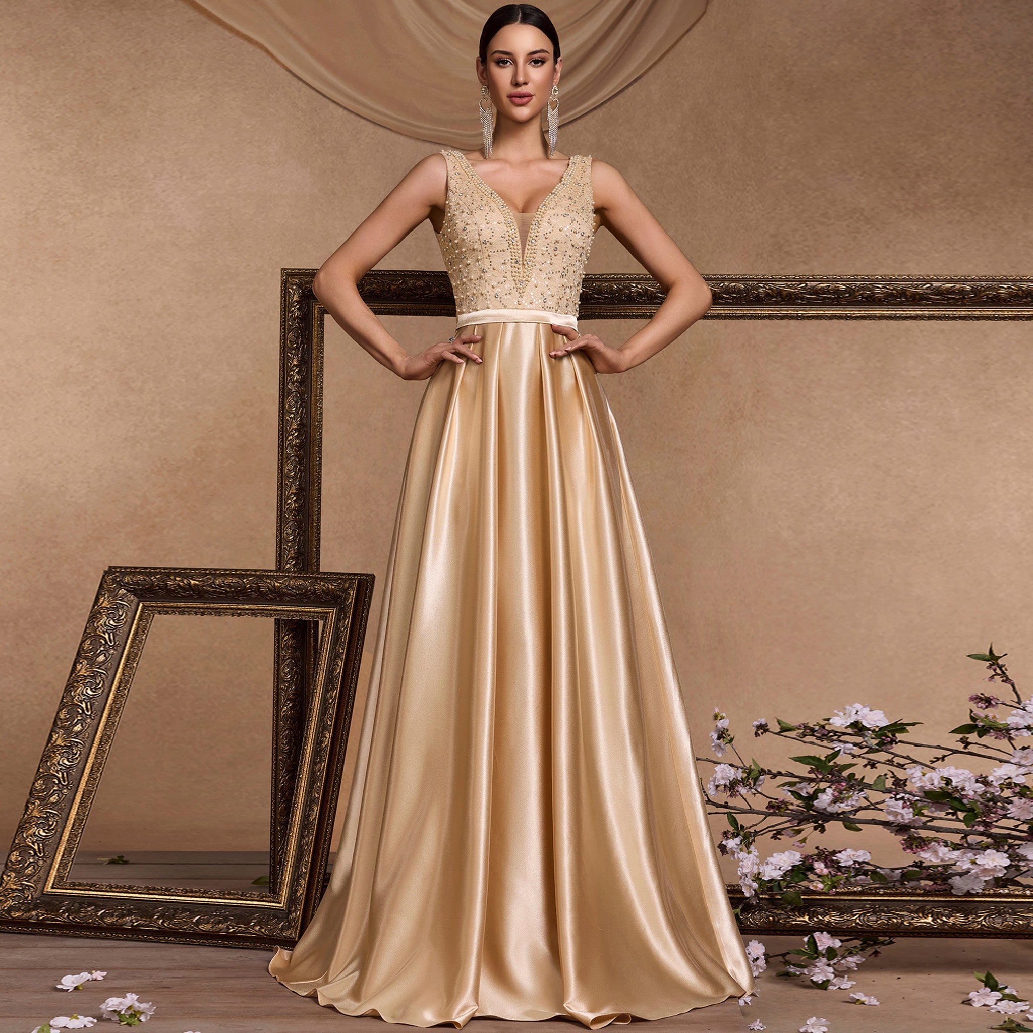 Maxi champagne formal dress for wedding