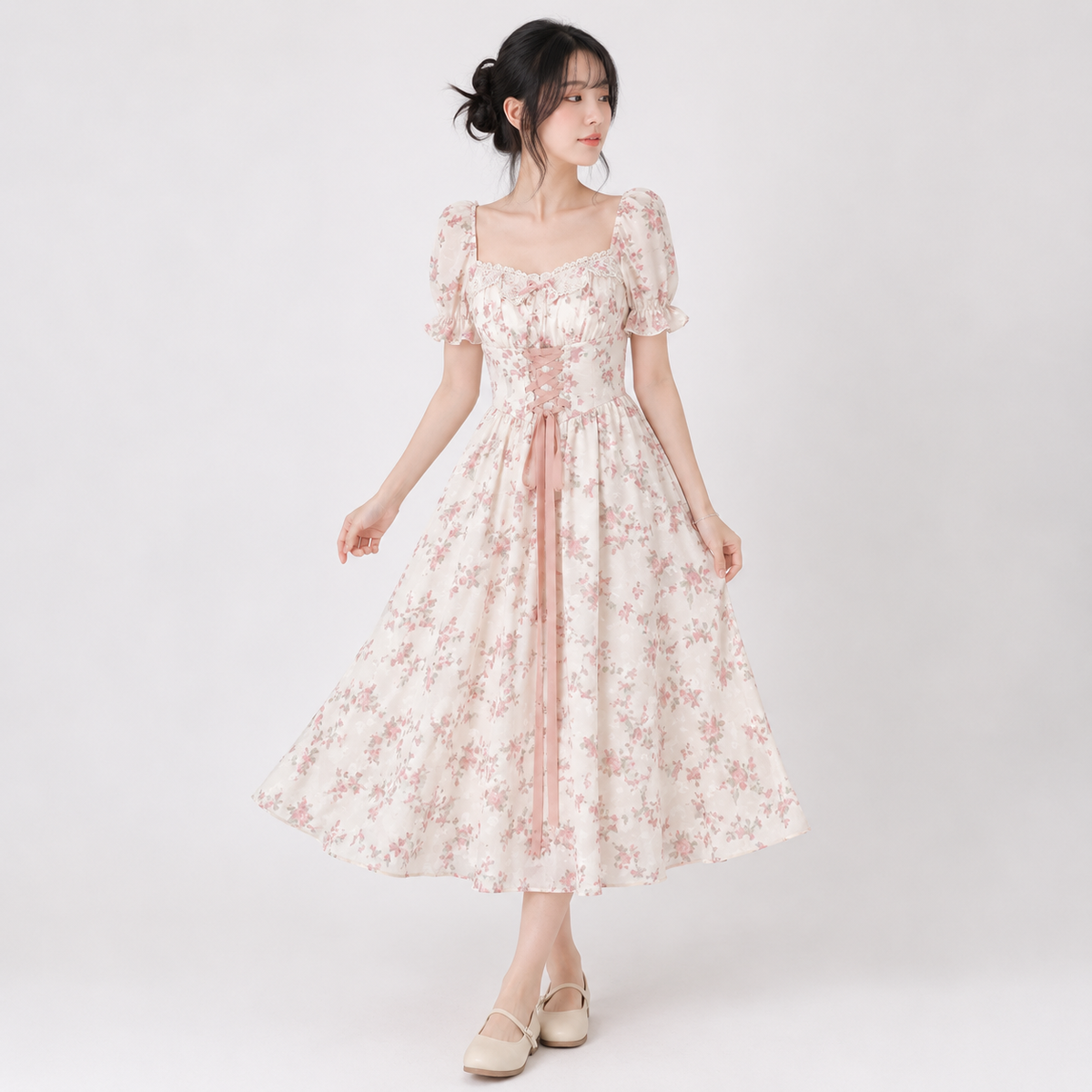 White Pink Cottage Lace Milkmaid Dress