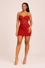Red lace corset bodycon mini dress with halter neckline and fitted silhouette