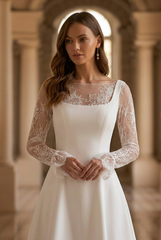 Chic Ivory Short Wedding Dress with Lace Sleeves and Detachable Train Plus Size