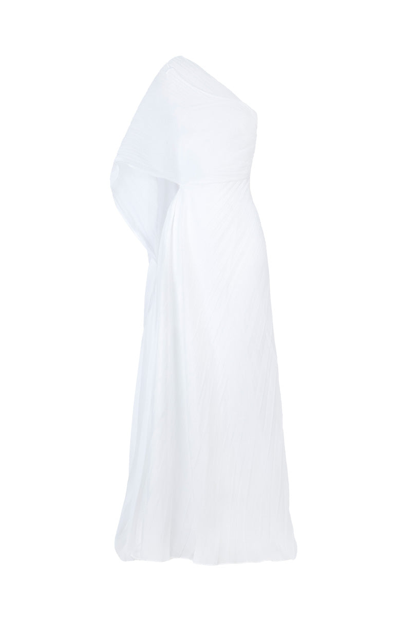White chiffon pleated asymmetrical maxi dress by BBXBRAND, front view showing flowy fabric and elegant design.