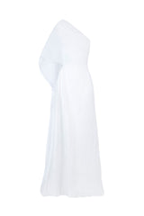 White chiffon pleated asymmetrical maxi dress by BBXBRAND, front view showing flowy fabric and elegant design.