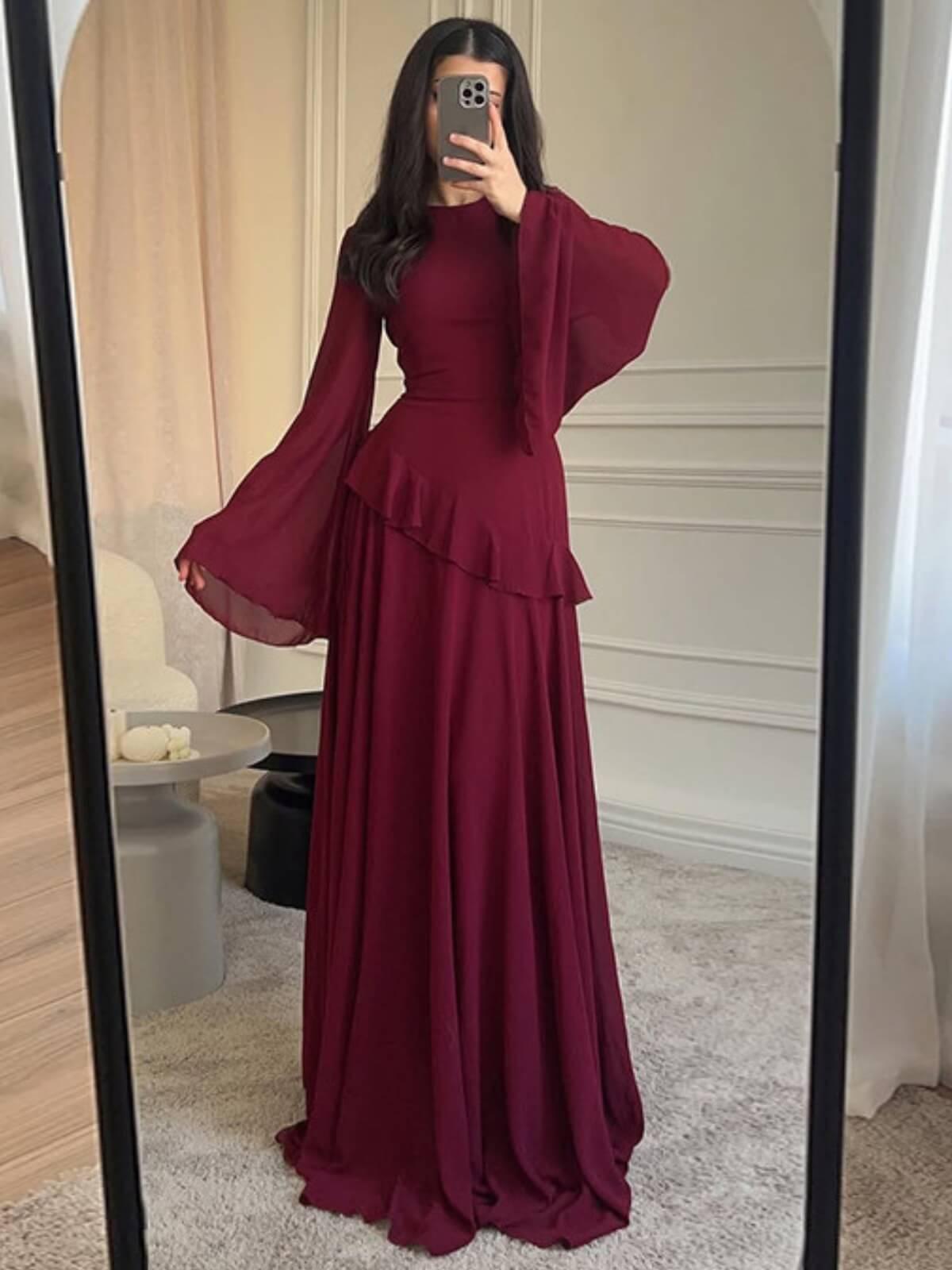 Aurohaya Cinched-Waist Bell‑Sleeve Ruffle Maxi Dress Wine