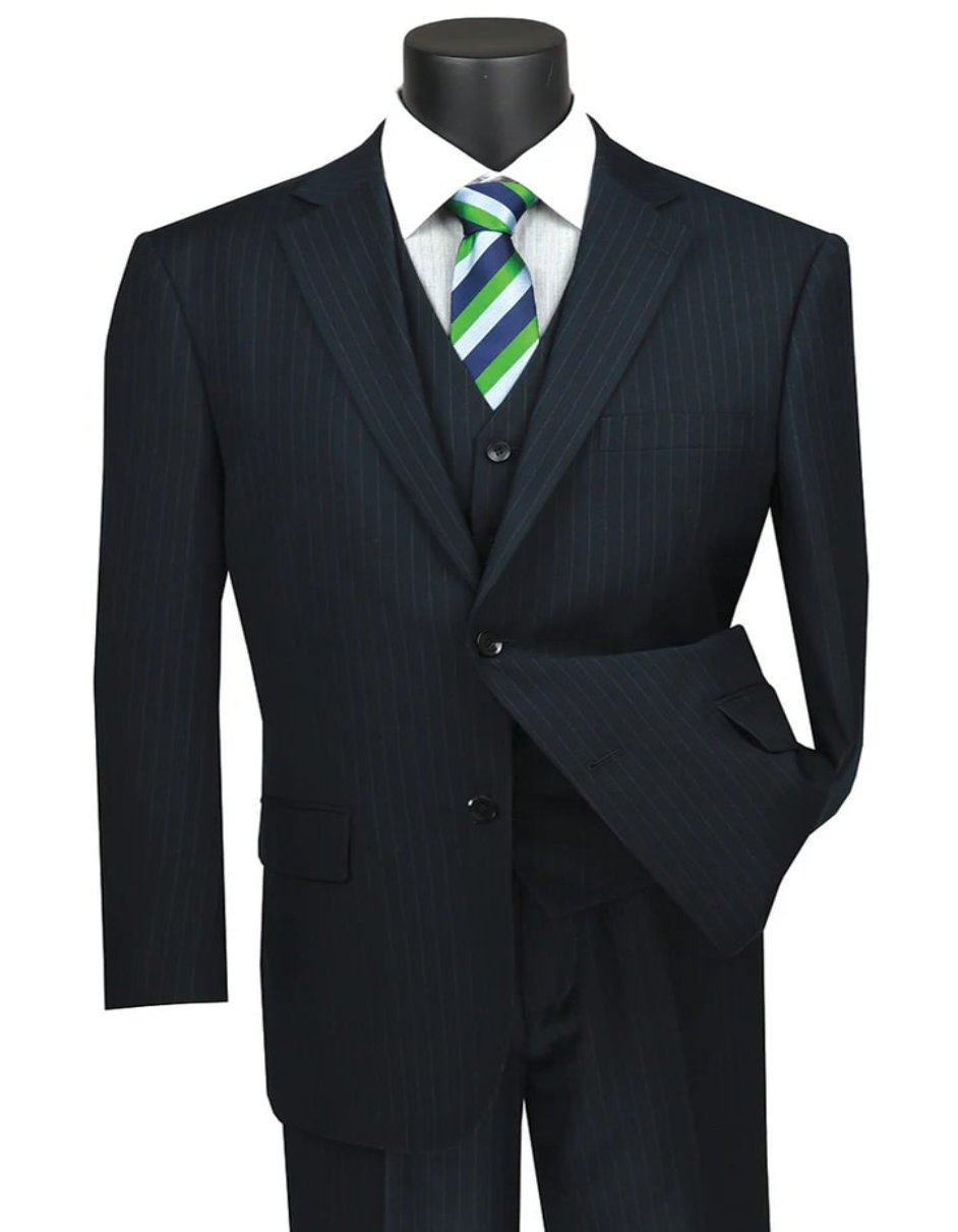 Pleated??Dress??Men??Suits - Mens Classic Fit Vested Banker Pinstripe Navy Blue Suit